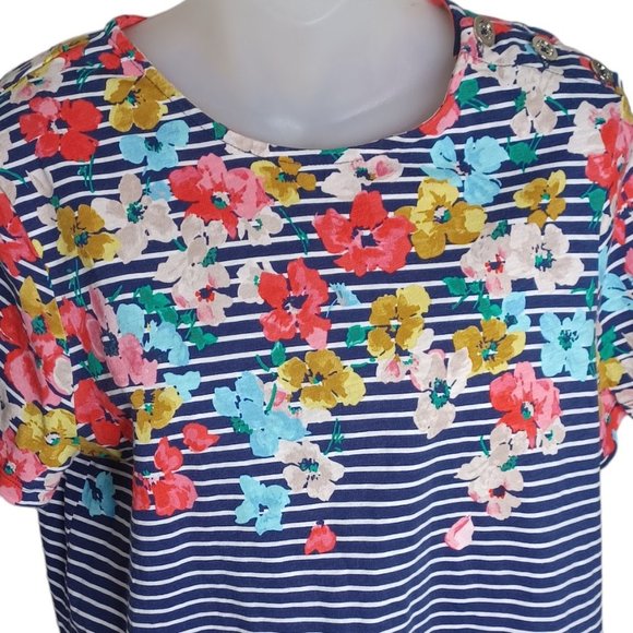 Joules Womens Floral Top Size‎ 12 Harbour Print Blue White Stripe Button Accents - Picture 2 of 6